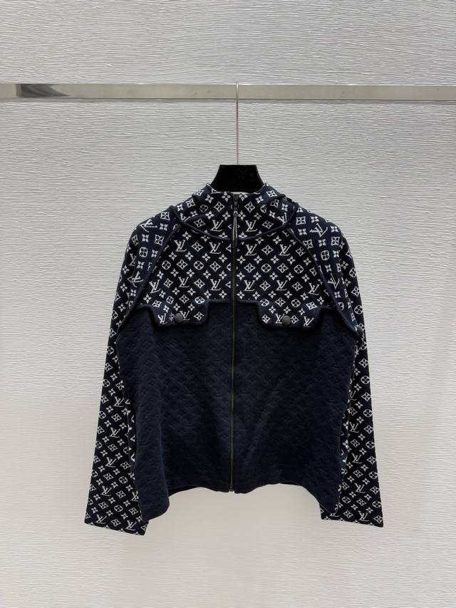 L家 早秋新款 老花连帽针织长袖开衫 颜色：宝蓝 尺码：36.38.40