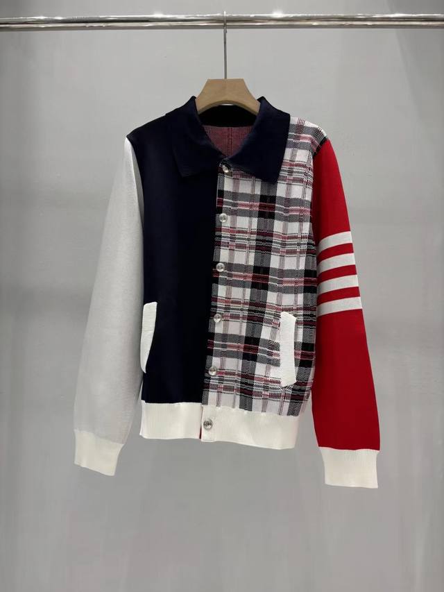 上新 Thom Browne 25秋冬新款 蓝拼色格纹夹克针织外套 码数：Sml