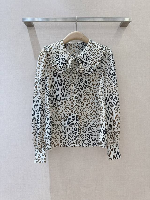 Alessandra R*I*C*H 新品 时尚百搭单品 25早春法式烂漫豹纹印花衬衫、百分比真丝面料、翻领荷叶边设计、优雅大气、袖口拼接纽扣收袖、气质干练简约