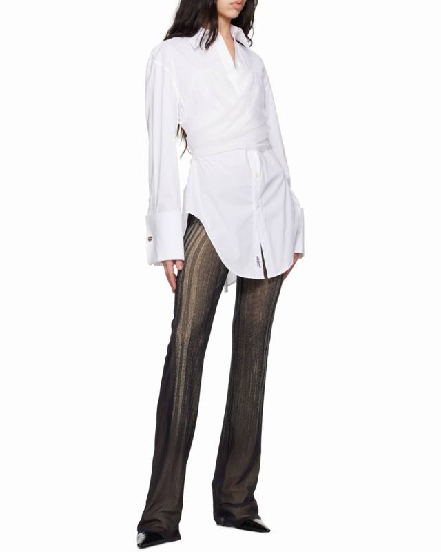 25Pf早秋Jean Paul Gaultier百分百真丝欧根纱棉质后背拉链收腰衬衫Sml ：白色