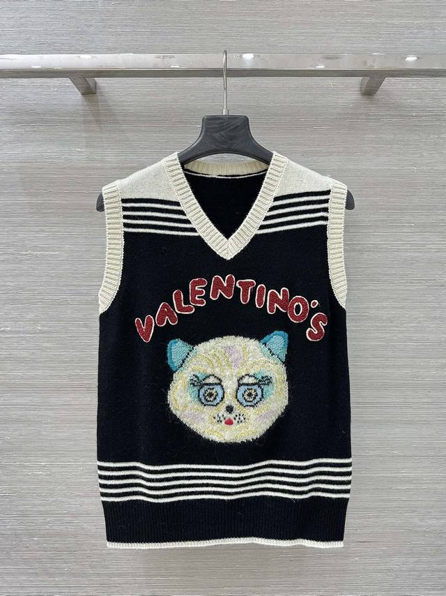 独家首发！原单品质 Val* 25秋冬新品！英伦风复古猫猫刺绣V领马甲！男女同款宽松版型！定位立体搞怪猫猫刺绣勾绣字母工艺超赞！撞色刺绣字母低调不张扬的品牌标识