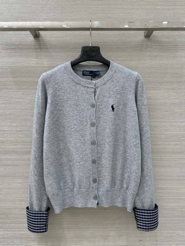 独家首发，高端原单品质 Rl 25早秋新品，本季必入英伦风气质单品！假两件格子袖口设计，极简高级色系骑士Logo圆领小开衫！Yb定制进口棉纱！气质少女风格子拼接