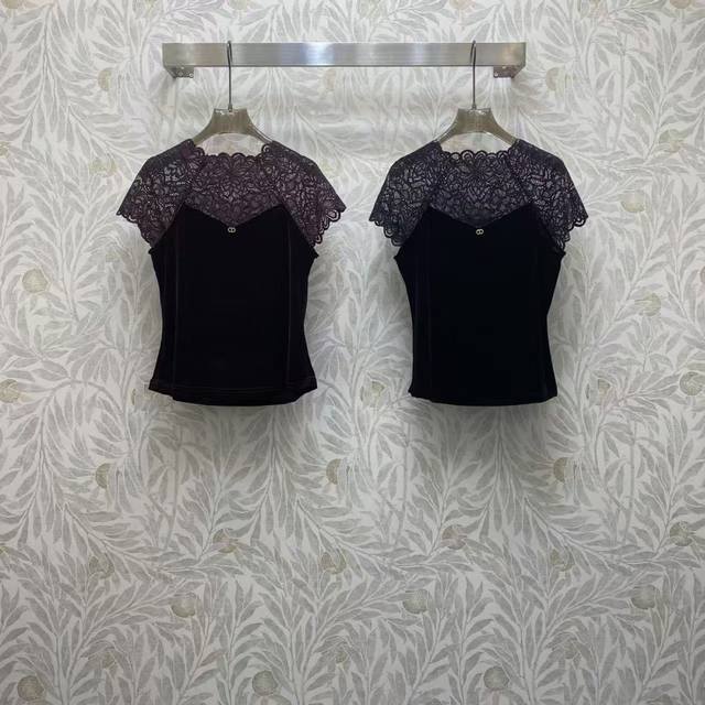 Di★ Fw 蕾丝拼接短袖时装款百搭丝绒上衣 ，高级面料，颜色:图片2色，面料:进口日本绒面料 Smlxl