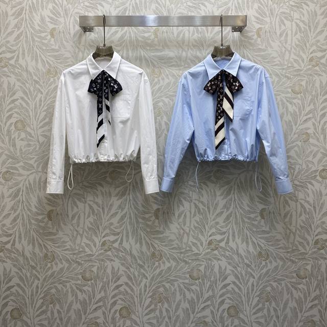 预售 Lv★ Fw 气质翻领佩戴丝巾设计减龄衬衣 ，高级面料，颜色:图片2色，面料:精纺棉面料 Smlxl