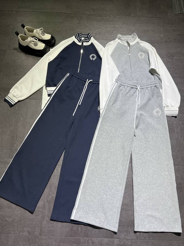 套 克罗心休闲运动套装出货，秋冬必备款，上身版型超好，棒球服搭配阔腿运动裤，一套出街搞定，现货两色Sml