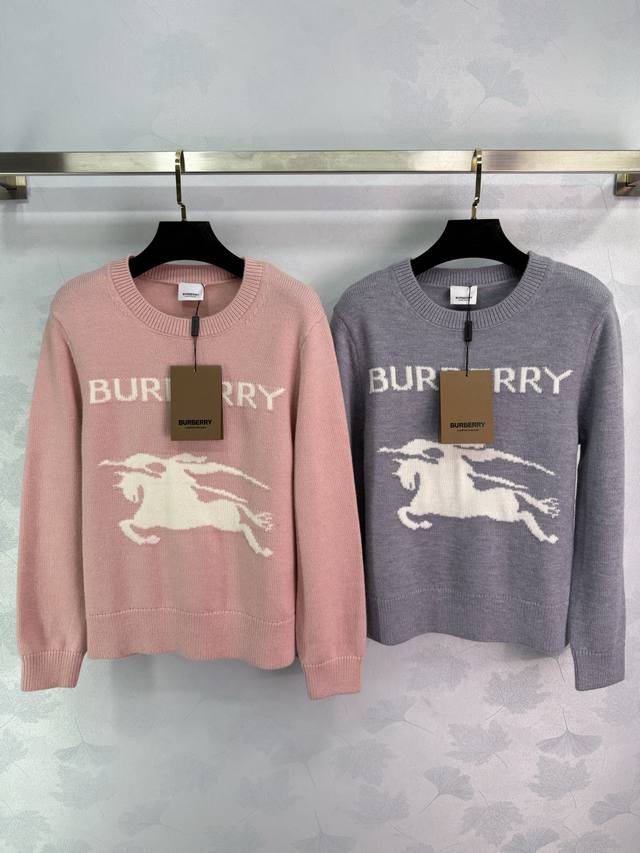 Bu*25秋冬新款针织圆领套头 经典字母Logo战马骑士撞色提花装饰 简约时髦大牌百搭 4色3码Sml。