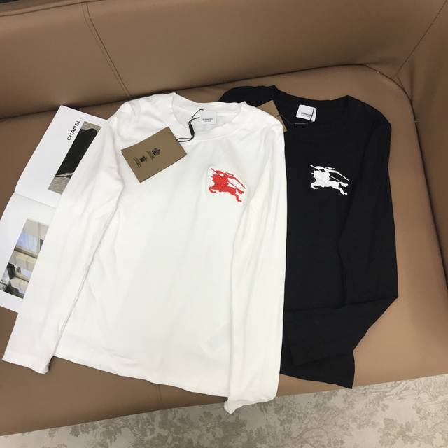 新款定制！Bur 25Ss新品！刺绣战马图案弹力长袖T恤黑色白色 Sml