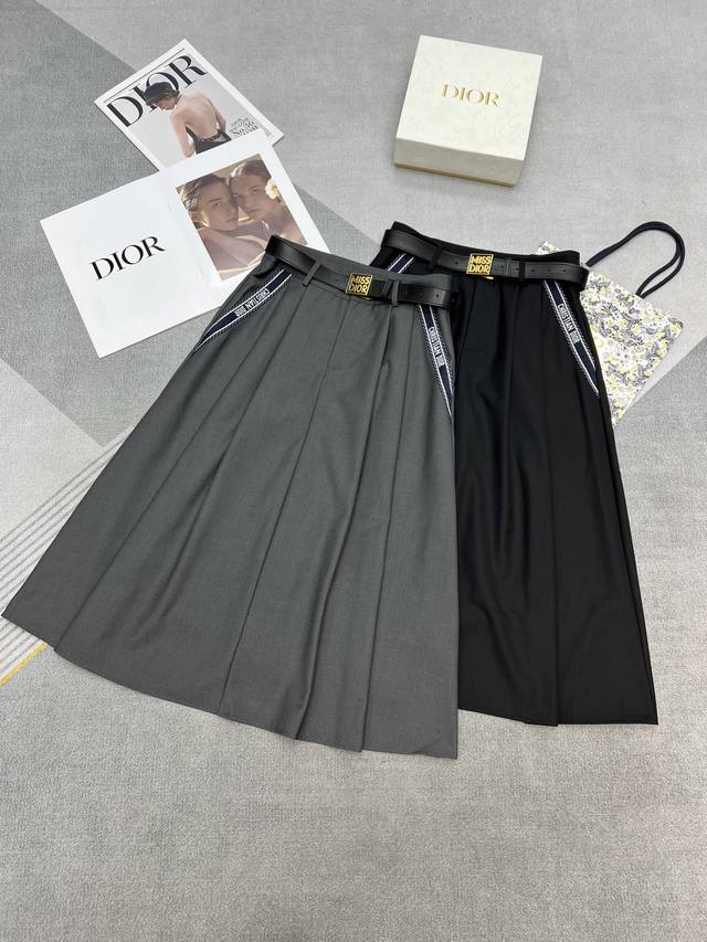 高品质 Dior2025春夏新款高腰显瘦蓬松有型西装半身裙侧边口袋织带拼接搭配Miss腰带灰色黑色