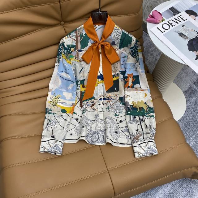 预售 He★ Fw 数码定位印花撞色飘带设计真丝衬衣 ，高级面料，颜色:图片色，面料:重磅真丝 Silk 面料 Smlxl