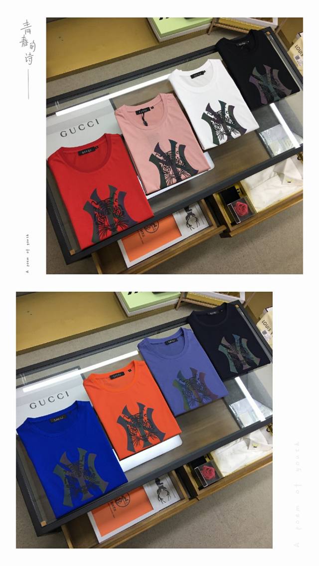 爆款上新 Gu.Ci 夏装新品 时尚风十足，最新字母压胶印花图案圆领短袖T恤 进口顶极高密度双丝光面料 极为亲肤舒适 摸上去非常的细腻，质感很好，采用优质螺纹针
