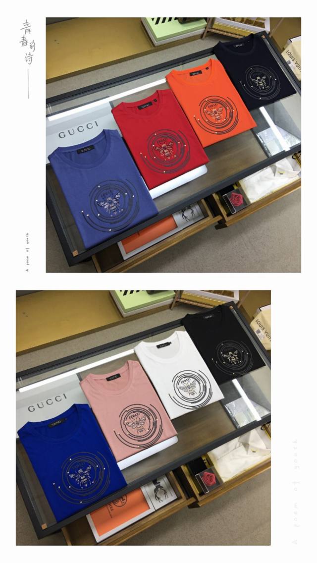 爆款上新 Gu.Ci 夏装新品 时尚风十足，最新字母刺绣压胶图案圆领短袖T恤 进口顶极高密度双丝光面料 极为亲肤舒适 摸上去非常的细腻，质感很好，采用优质螺纹针