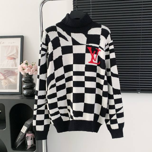 款号：M68 Louis Vuitton Lv路易威登不规则扭曲黑白棋盘格子高领毛衣秋冬最新款Logo标志年年被追捧的经典时尚装饰已经风靡全球 颜色：图片色 尺
