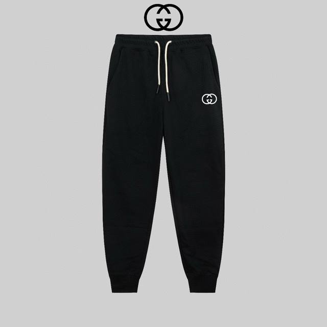 顶级版本，区别通货 Gucci 古奇24Ss 秀款 修身线条官网方块字母徽标简约Logo运动裤 380G克重 兼容所有身材 腰部松紧带黑白抽绳设计 定制抽绳口袋
