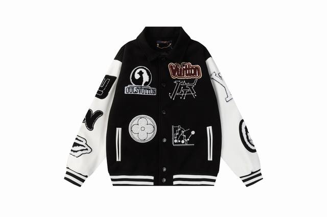 Lv 恶魔之眼毛巾绣加几何平绣棒球服外套夹克 高克重面料手感细腻柔软 搭配荔枝纹皮革尽显高档 ，重工五金辅料 Xs S M L Xl