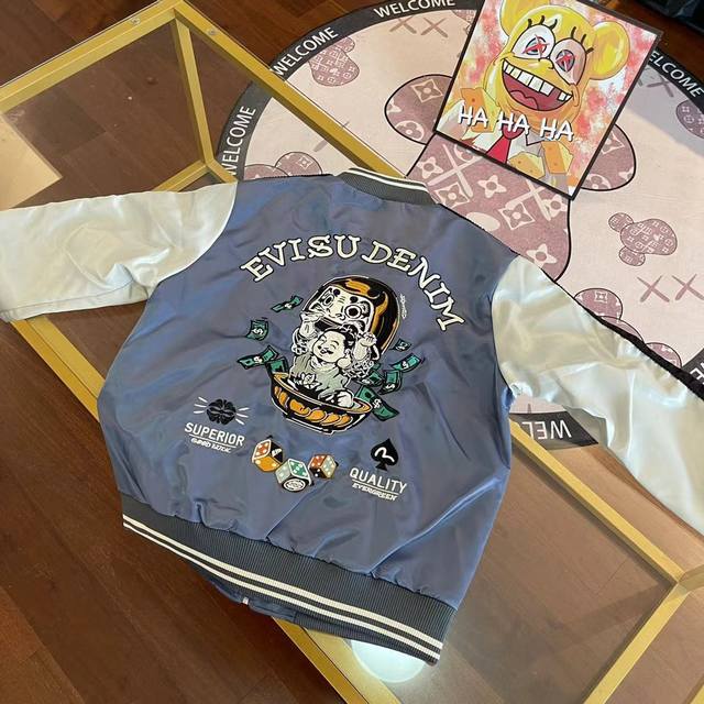 注→ 区别市场垃圾货 广州高版本对版对色 Evisu 福神新款家花字母达摩佛头刺绣翻领夹克外套 S码 胸围116 衣长68 袖长75 适合身材100-120斤