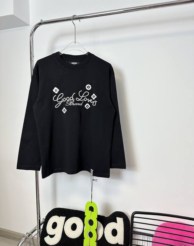 款号：Hmy182# Good Brand小花标语轻奢时尚刺绣圆领长袖打底T恤 情侣同款 全套包装 三标齐全 区别市场通货 随意对比 纯棉300克高克重32支双