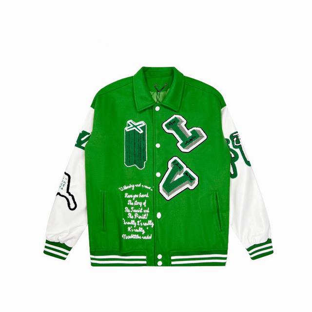 Louis Vuitton 路易威登走秀款绿野仙踪刺绣棒球服夹克 定织定染900G羊绒面料，铜氨丝里布，纯棉口袋，原张染色压纹真牛皮袖子，配套订做羊毛罗纹，田岛