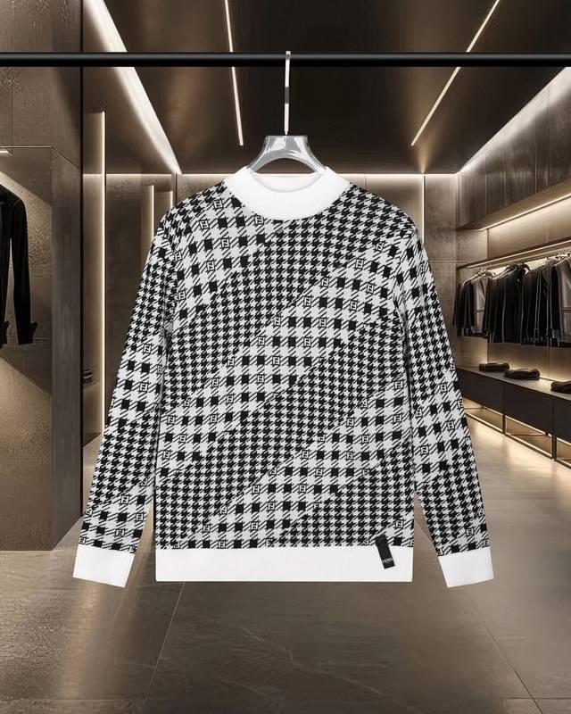 芬迪 Fendi 满身千鸟格弹幕提花Ff字母Logo长袖圆领毛衣羊毛衫 2025Fw官网新款原版面料 官方同款 polo衫定制 进口羊毛混纺面料 高端版本，专柜