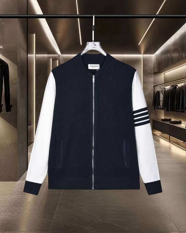 Thom Browne Tb 汤姆布朗 基础款经典拼色手袖拉链四条杠针织外套毛衣夹克羊毛衫 2025Fw官网新款原版面料 官方同款 进口羊毛混纺面料 高端版本，