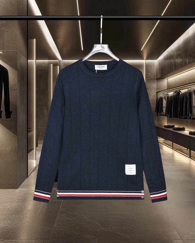 Thom Browne Tb 汤姆布朗 基础款经典手袖下摆拼色针织套头毛衣羊毛衫 2025Fw官网新款原版面料 官方同款 进口双层针织羊毛棉纱线面料 高端版本，