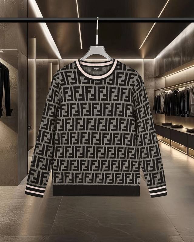 芬迪 Fendi 侧边手袖提花Ff字母Logo长袖圆领毛衣羊毛衫 2025Fw官网新款原版面料 官方同款 polo衫定制 进口羊毛混纺面料 高端版本，专柜定制面