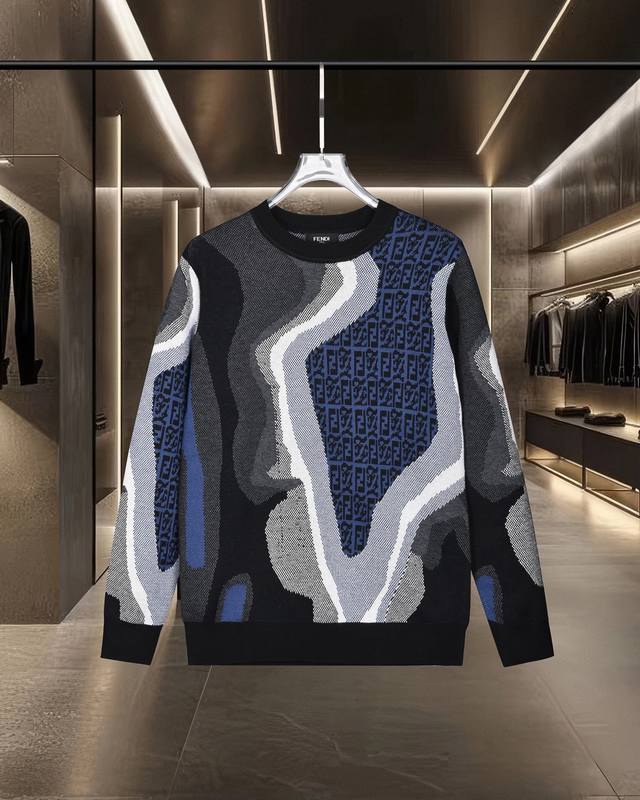 芬迪 Fendi 撞色提花Ff字母Logo长袖圆领毛衣羊毛衫 2025Fw官网新款原版面料 官方同款 polo衫定制 进口羊毛混纺面料 高端版本，专柜定制面料