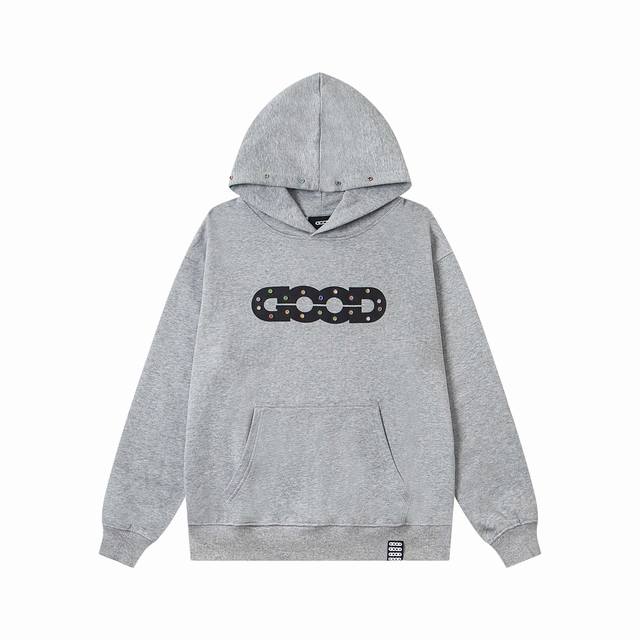 上新 款号: B139 Good新款彩虹宝石经典Logo字母连帽卫衣休闲款卫衣上衣 1面料采用活性黑500克大毛圈面料，非常优质厚实舒服的一款面料，坯布预缩水工