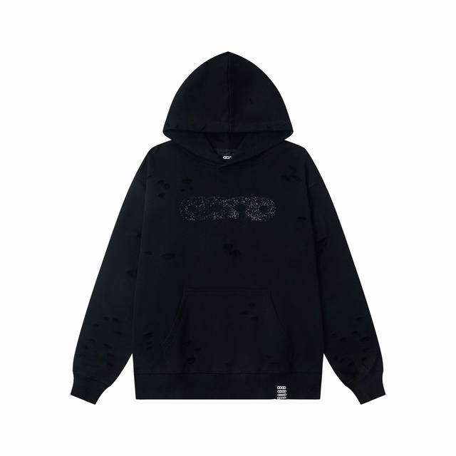 上新 款号: B138 Good新款胸前经典大Logo碎钻字母破洞连帽卫衣休闲款卫衣上衣 1面料采用活性黑500克大毛圈面料，非常优质厚实舒服的一款面料，坯布预
