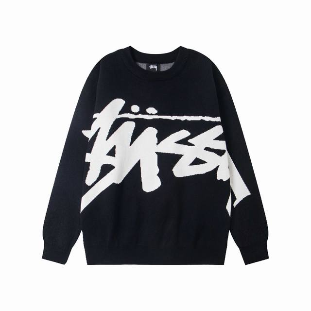 xy8918# 重磅高品质 区别市场通货 Stussy 斯图西 大Logo宽松套头圆领手工编织宽松廓形针织美式复古毛衣 男女同款 颜色：黑色 粉色 尺码：S M