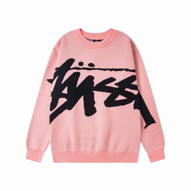 xy8918# 重磅高品质 区别市场通货 Stussy 斯图西 大Logo宽松套头圆领手工编织宽松廓形针织美式复古毛衣 男女同款 颜色：黑色 粉色 尺码：S M