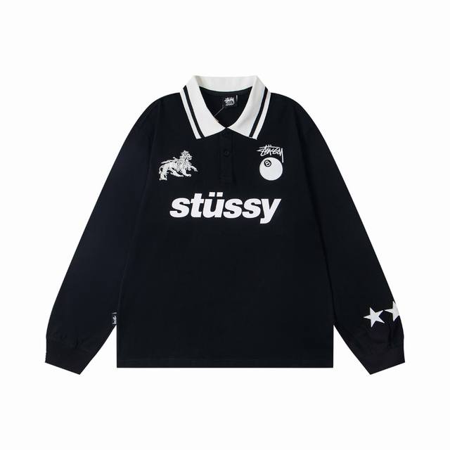 xy8912# 高品质 区别市场通货 Stussy 斯图西 美式潮牌直筒宽松版型polo衫长袖T恤 龙年限定刺绣经典Logo印花 男女同款 颜色：黑色 白色 尺
