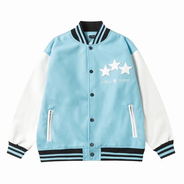 d06 Amiri Ss 星星棒球服外套 -采用激光烧花贴布工艺，口袋五金拉链设计 ,尽显独特 -700G龙凤尼与荔枝纹pu相碰撞 时尚百搭 M L Xl Xx