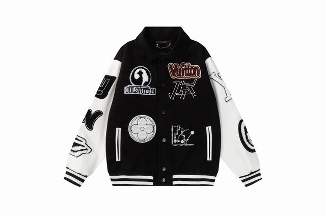 b35 Lv 恶魔之眼毛巾绣加几何平绣棒球服外套夹克 高克重面料手感细腻柔软 搭配荔枝纹皮革尽显高档 ，重工五金辅料 M L Xl Xxl