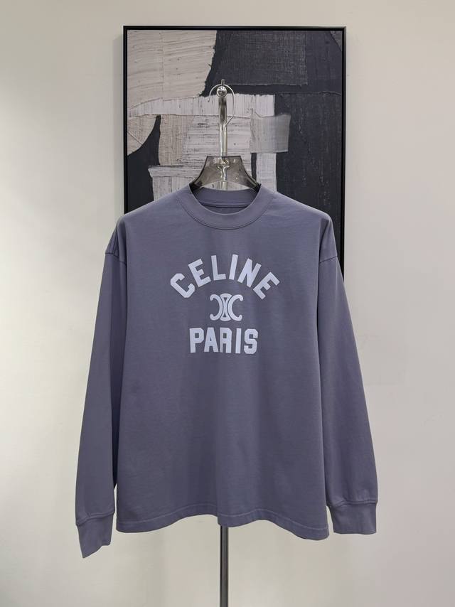 celine-赛琳 春秋季长袖T恤 男女同款 洗水做旧染色工艺 版型宽松不挑人 面料采用定织定染 260克重 纯棉 绒面大字母纯色印花Logo 上身简单大方 超