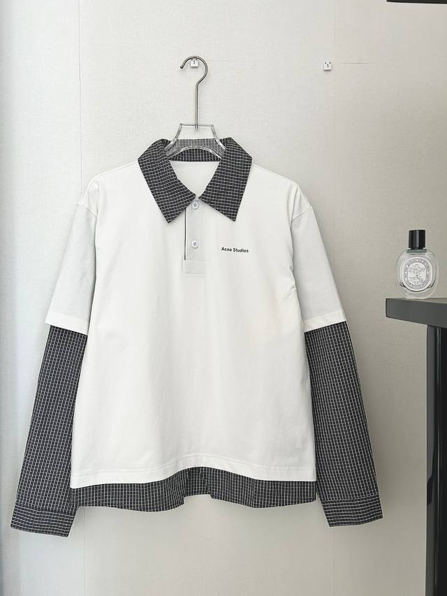 acne Studios Ac假两件翻领格子拼接长袖T 超爆的长袖T恤 头部客户已经开始补单 大佬们抓紧上新哦 好卖不等人！！！ 版型不挑人，不压个子 经典的格