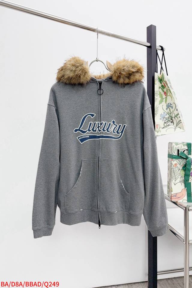 Q249 Ba Balenciaga 巴黎Blcg Lusury秋冬新款毛领拉链连帽卫衣 整衣全部定做 面料轻微抓毛 五金单独定制洗后面料440克 毛领2800