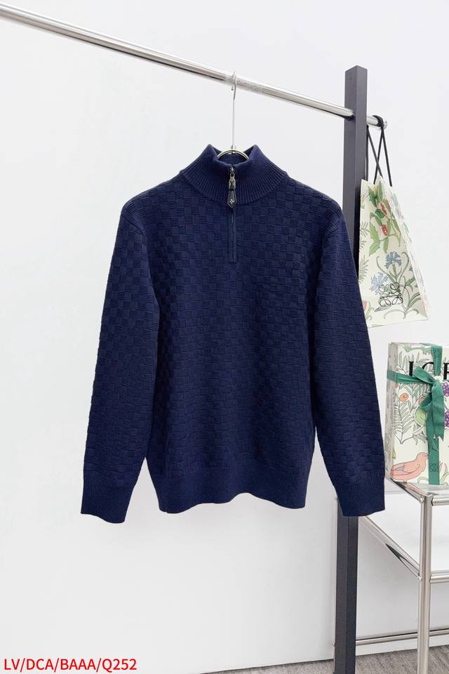Q252 路易威登 25Fw 暗纹马赛克满印棋盘格半拉链针织套头毛衣 采用原版一致重磅纯棉材质，双股进线，每一个颜色都是要去单独开缸定染，织造需要进口斯托尔16