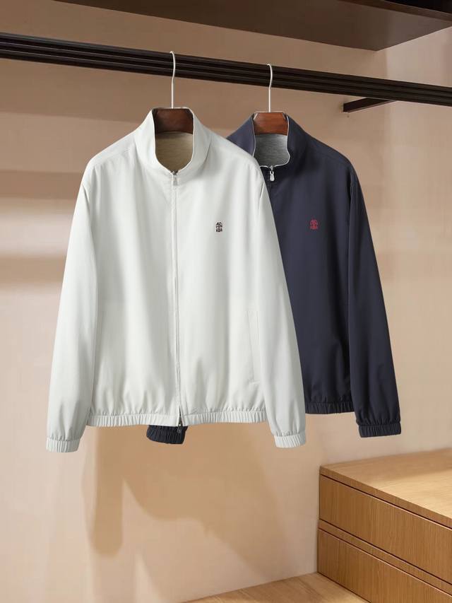 国内一线代工出品 Brunelo Cucinelli男士Logo刺绣定制拉链专柜同步山羊绒双面穿夹克 颜色：蓝色 米白 码数： M-3 Xl 48-56 型号：