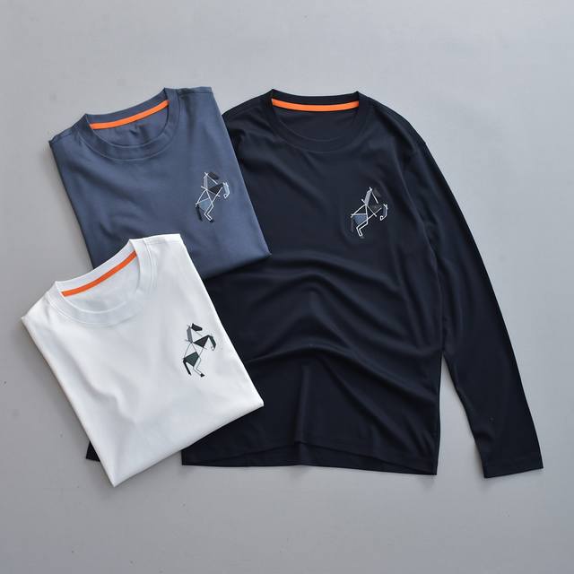 爱马同款皮马拼接绣花长绒棉双面丝光液氨长袖T恤 颜色：宝兰 白色 灰色 三色 码数：M-3 Xl 型号：2548010Fzl