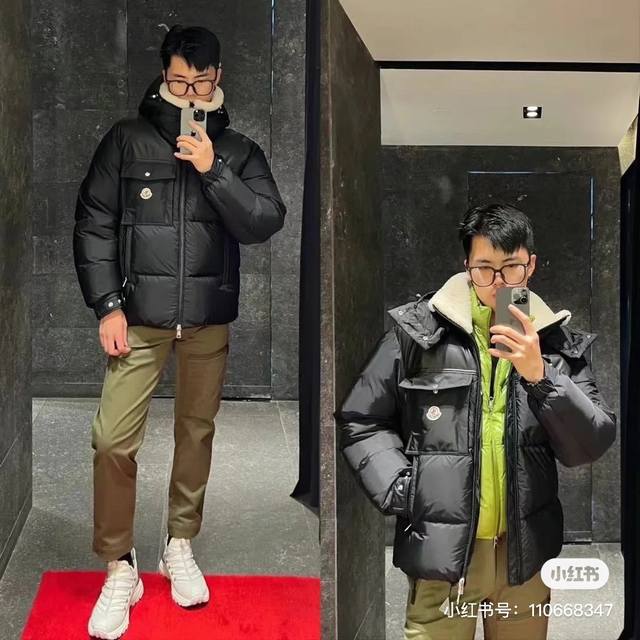 上身效果Braye哑光雾面绵羊皮拼接羽绒外套.连帽可脱卸.特级鹅绒填充.Bll