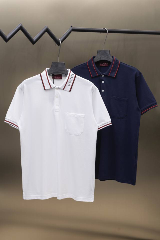 Gucci 古驰 25Ss新款 领提花Logo 贴袋polo 230克重全棉珠地 颜色：白 宝兰 码数：S M L Xl Xxl