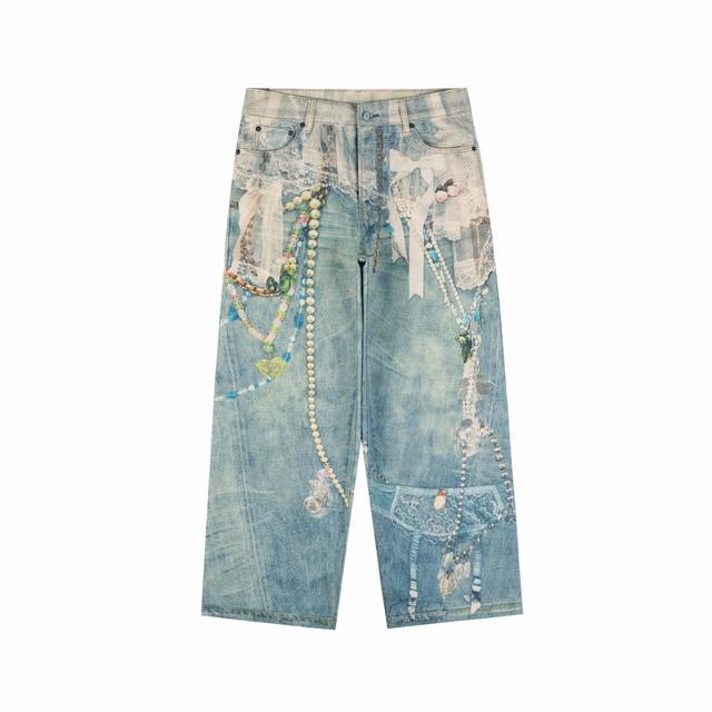 款号Ac40 Acne Studio 25Fw蕾丝珍珠项链条3D打印牛仔裤