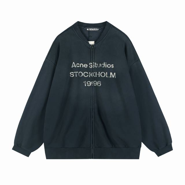 款号Ac24 Acne Studio 25Fw1996字母印花做旧褪色棒球领拉链卫衣外套