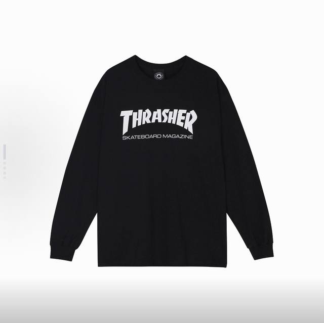 00378款Thrasher Mag Logo 火焰宽松印花长袖T恤打底衫 男女同款 码数Smlxlxxl 黑色白色