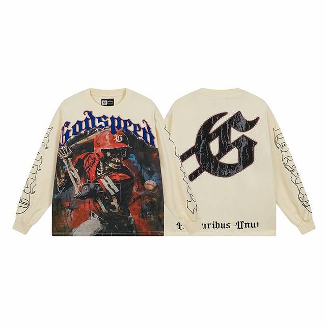 3159# 实拍 Godspeed美潮摇滚街头纯棉宽松打底长袖T恤长T 面料：270克32支精棉双纱纯棉 颜色： 杏色 码数：S M L Xl