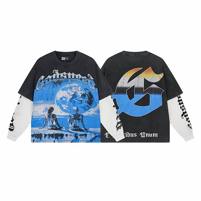 1155# 洗水黑 实拍 Godspeed美潮街头复古水洗做旧假两件纯棉长T 面料：270克32支精棉双纱纯棉 颜色：洗水黑 码数：S M L Xl