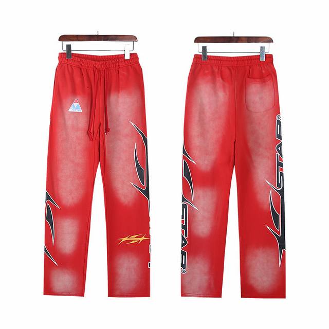 795# 洗水红 实拍 Hellstar 地狱之星洗水做旧毛圈高街复古卫裤 面料 380克纯棉毛圈布 颜色：洗水红 码数：S M L Xl