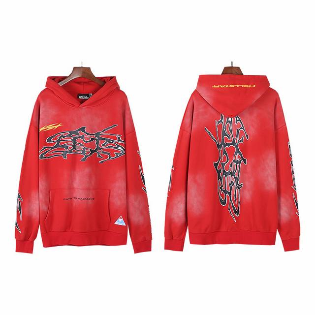 2057# 洗水红 实拍 Hellstar 地狱之星洗水做旧毛圈高街复古连帽卫衣 面料 380克纯棉毛圈布 颜色：洗水红 码数：S M L Xl