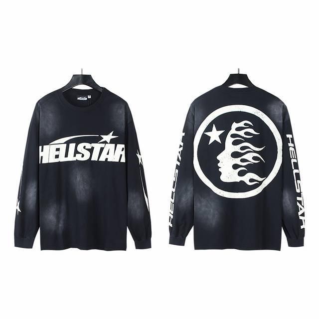 689# 洗水黑 实拍 Hellstar 地狱之星美潮做旧洗水纯棉宽松打底长袖T恤长T 面料：270克32支精棉双纱纯棉 颜色：黑色 码数：S M L Xl