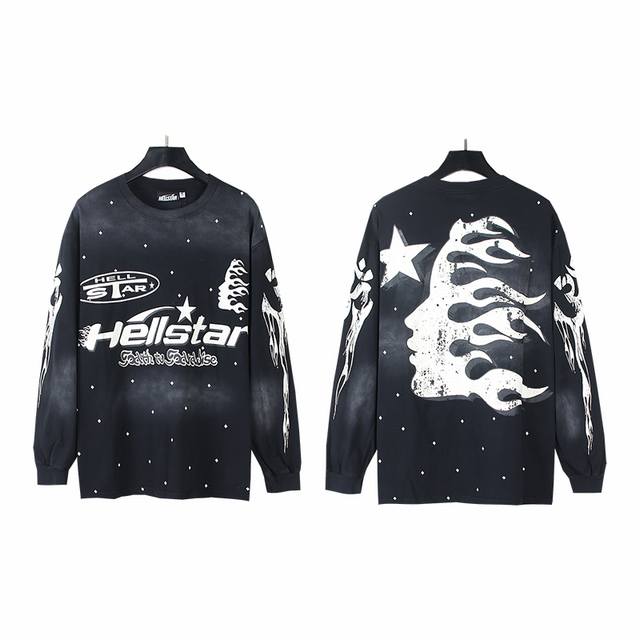 688# 洗水黑 实拍 Hellstar 地狱之星美潮做旧洗水纯棉宽松打底长袖T恤长T 面料：270克32支精棉双纱纯棉 颜色：黑色 码数：S M L Xl